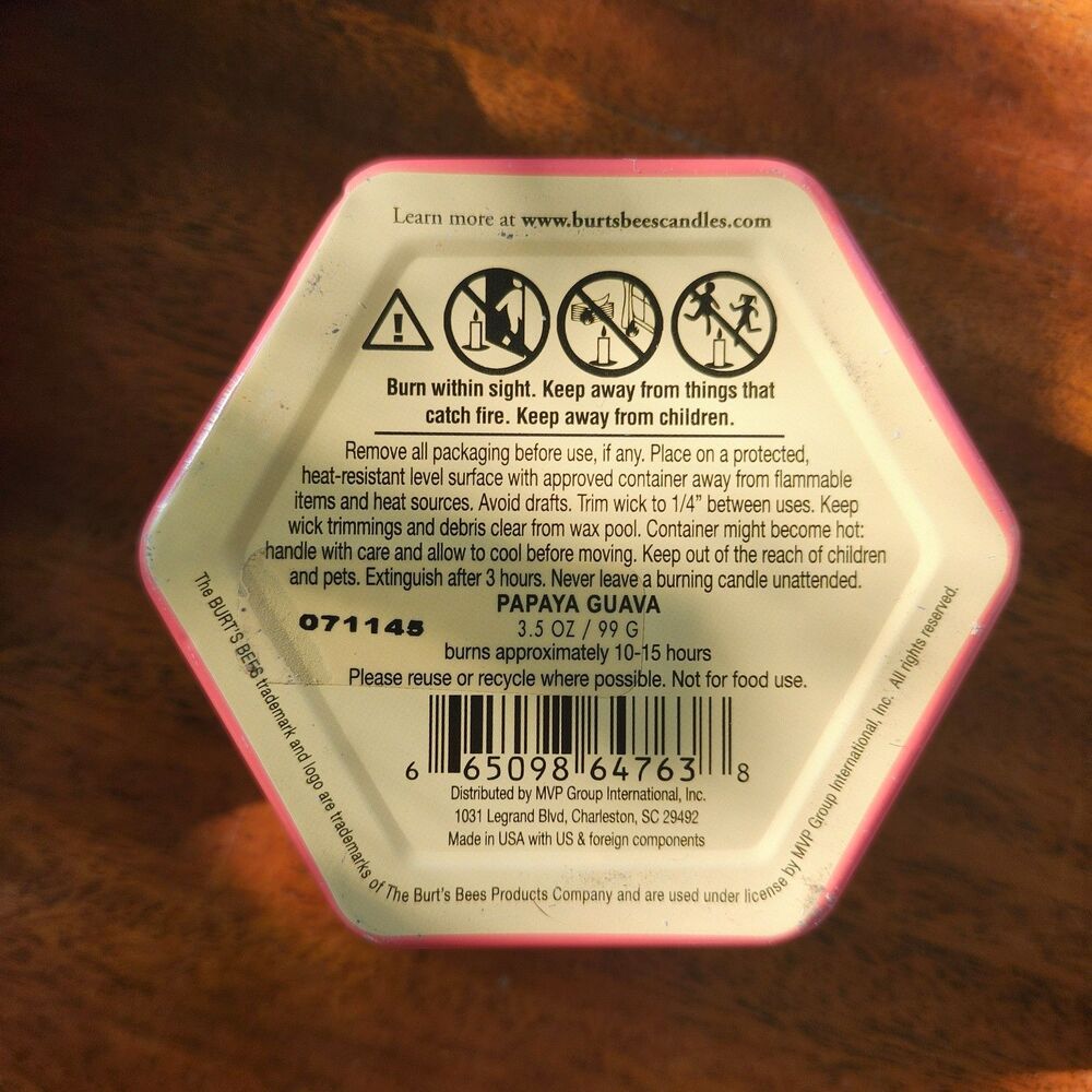 Burt's Bees Papaya Guava Soy Candle 3.5 oz Hexagonal Tin 2-Wick 10-15 Hr Burn - Picture 4 of 11